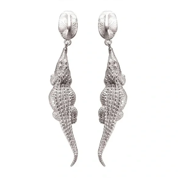 Croc Hornback Dangle Earrings In Silver - Picture 1 of 2